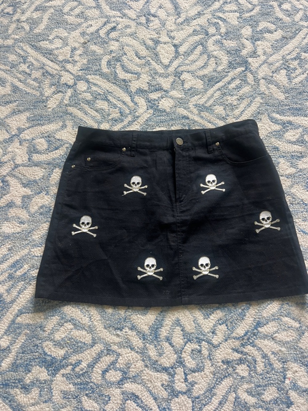 Black Skull Embroidered A-Line Mini Skirt